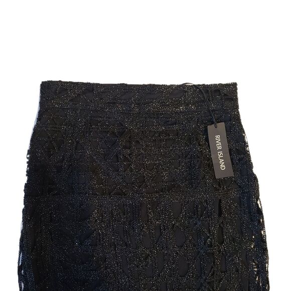 River Island NWT Black Metallic Premium Lace Caged Slim Pencil Skirt, Size 6 - Picture 4 of 9